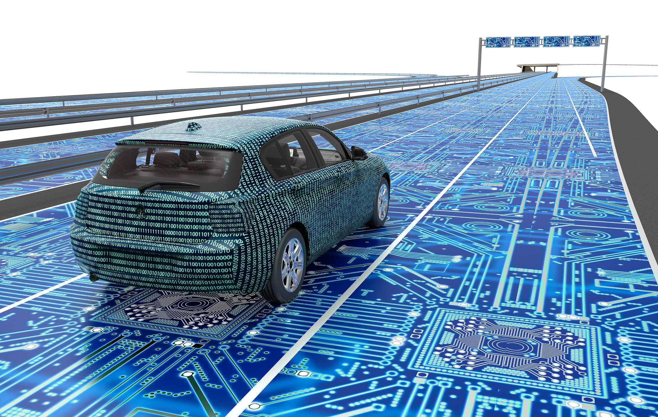 Rendering of a data-covered car traveling on a road made out of printed circuit boards.