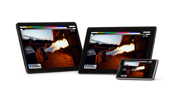 Engine fire test shown on three mobile devices.
