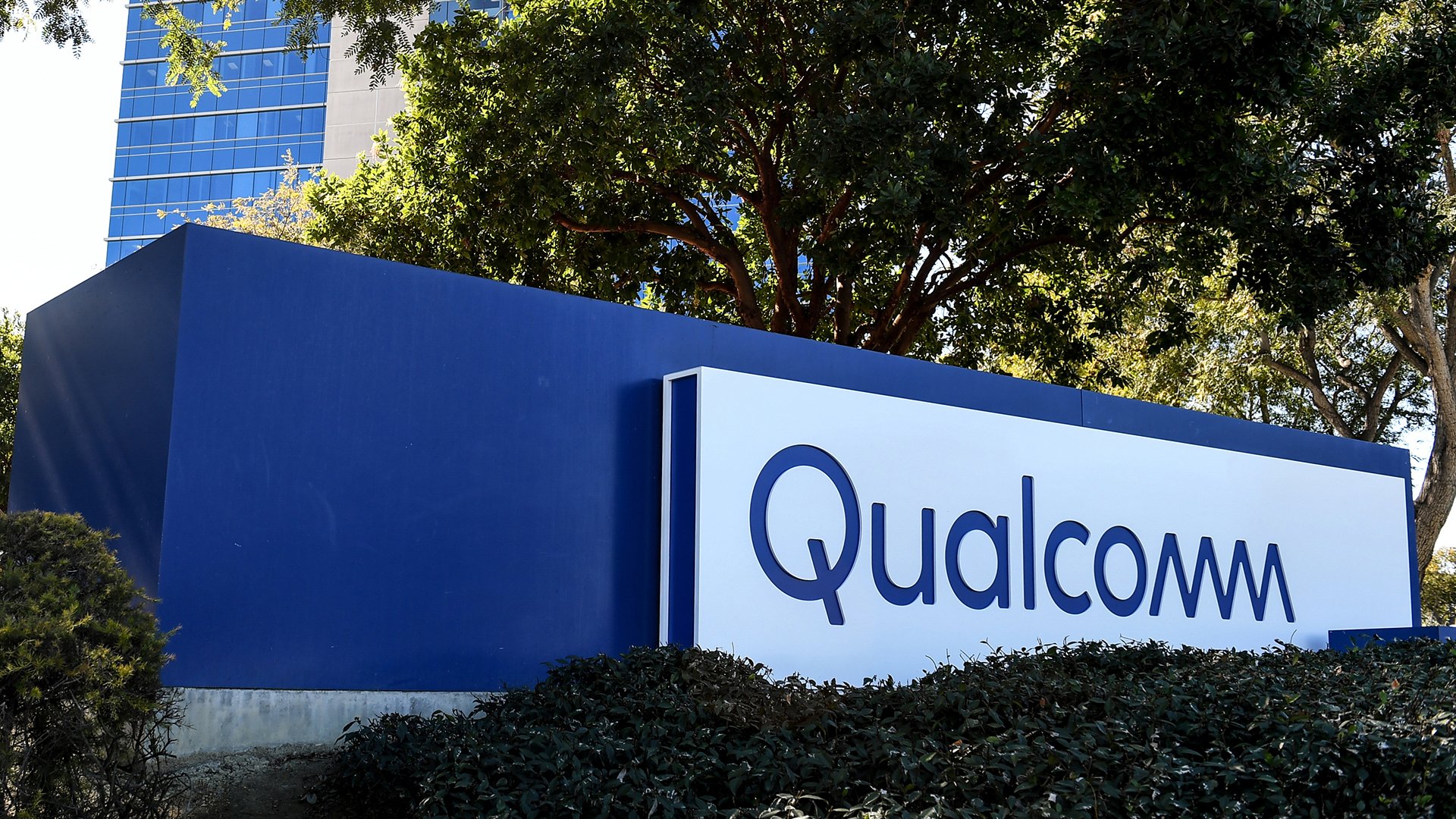 The Qualcomm logo on a sign on its campus.