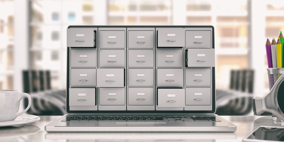 A stack of file cabinets four high and five wide displayed on laptop monitor.