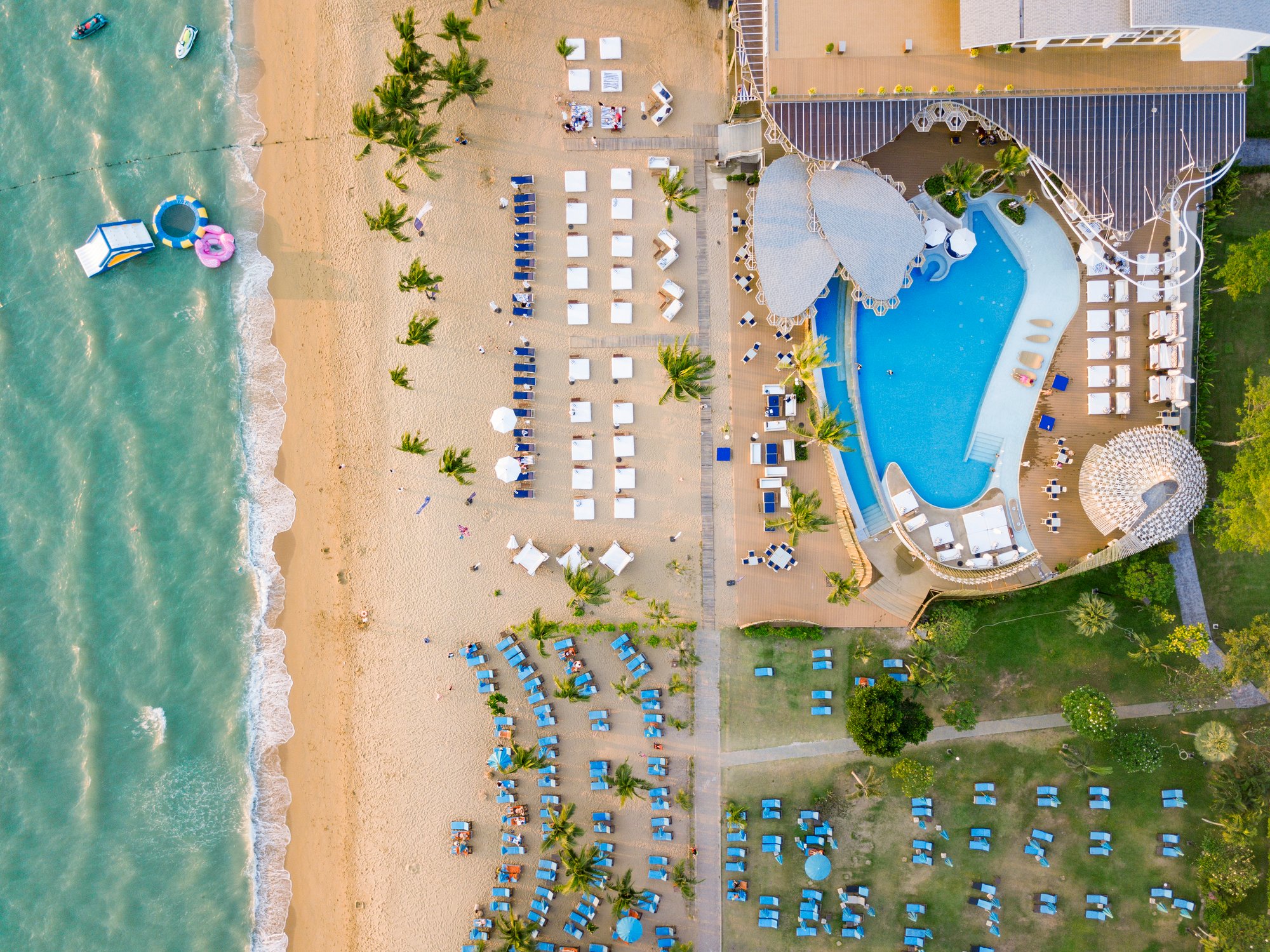 An aerial view of a beach resort.