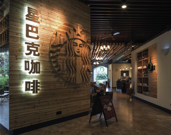 the inside of a Starbucks store in Dongguan, China