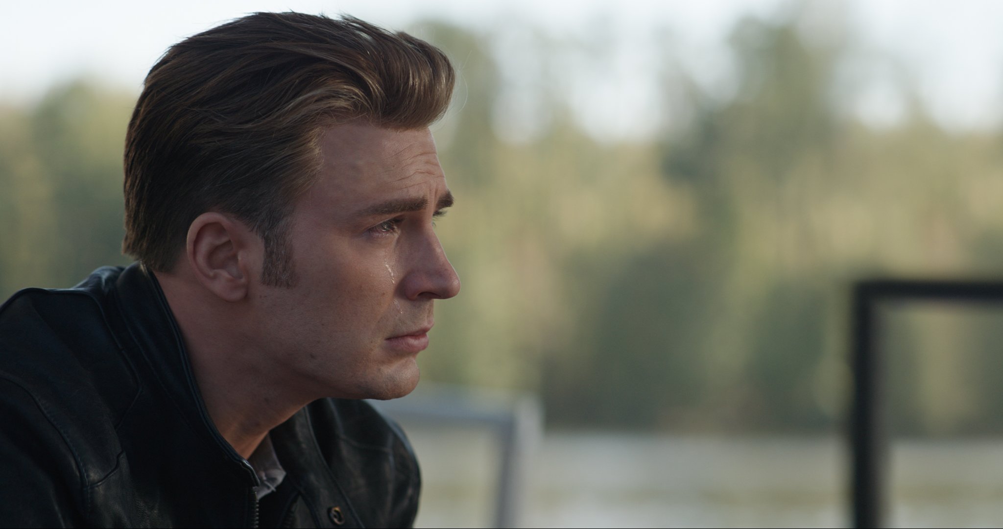 Actor Chris Evans cries in a scene from Avengers: Endgame.