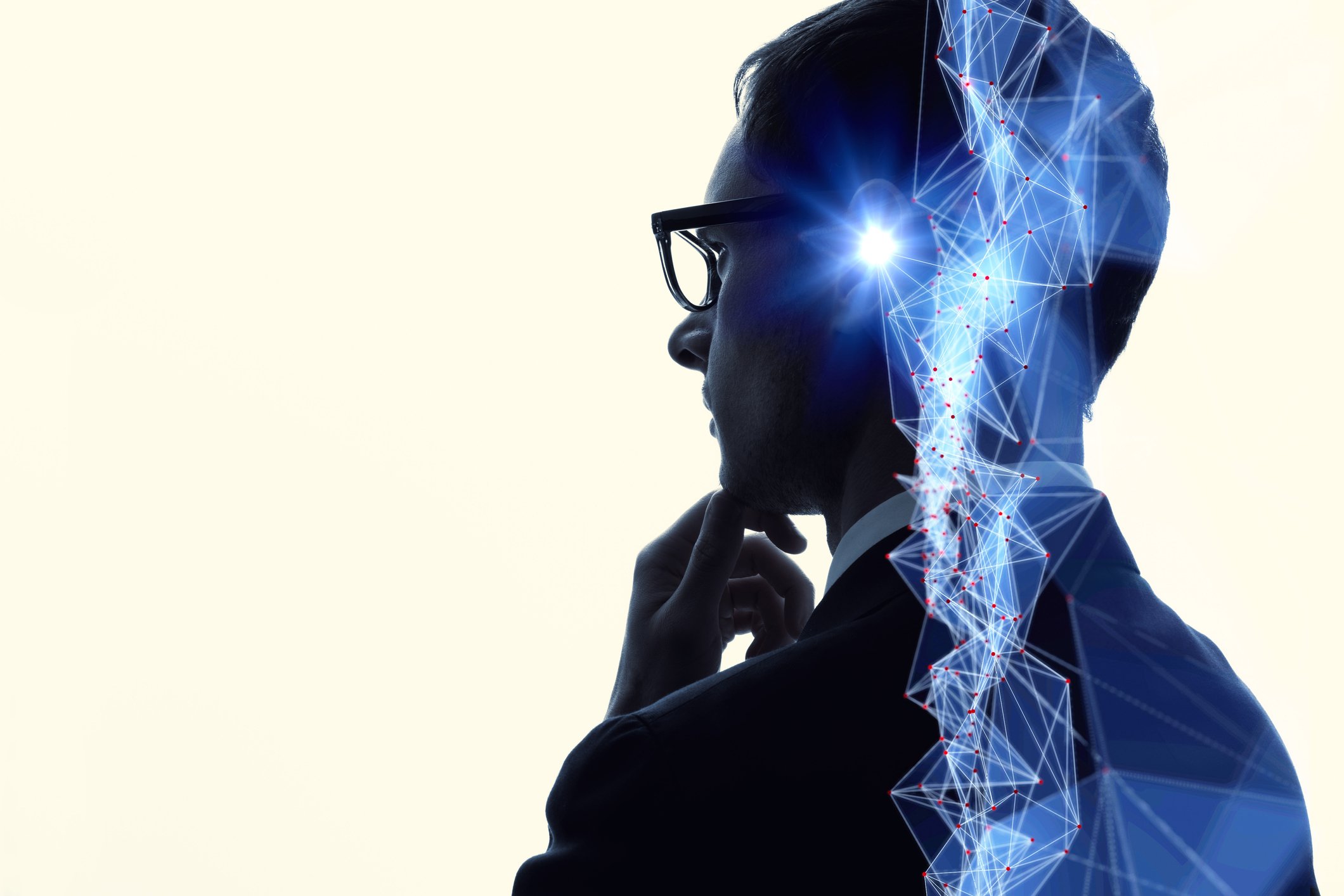 A man in glasses facing away from the camera, with light and nodes criss-crossing over the outline of his body.