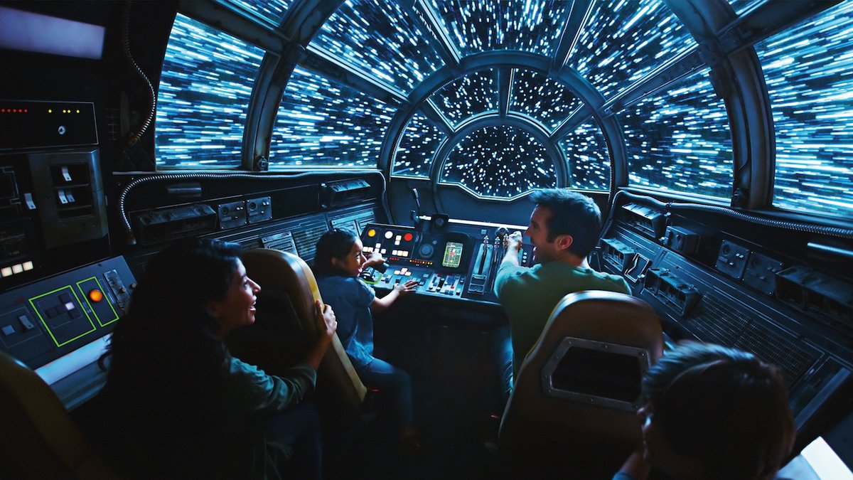 Concept art of the Millennium Falcon: Smuggers Run console with six kids riding.