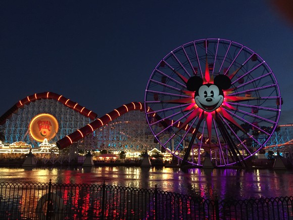 Disney California Adventure's Pixar Pier at night.