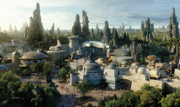 An overhead view of the Star Wars: Galaxy's Edge attraction.
