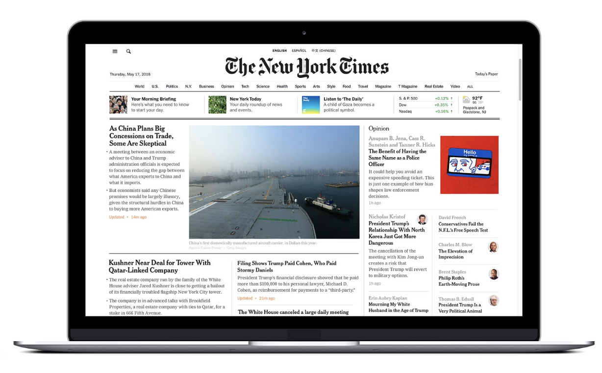 New York Times homepage displayed on a laptop