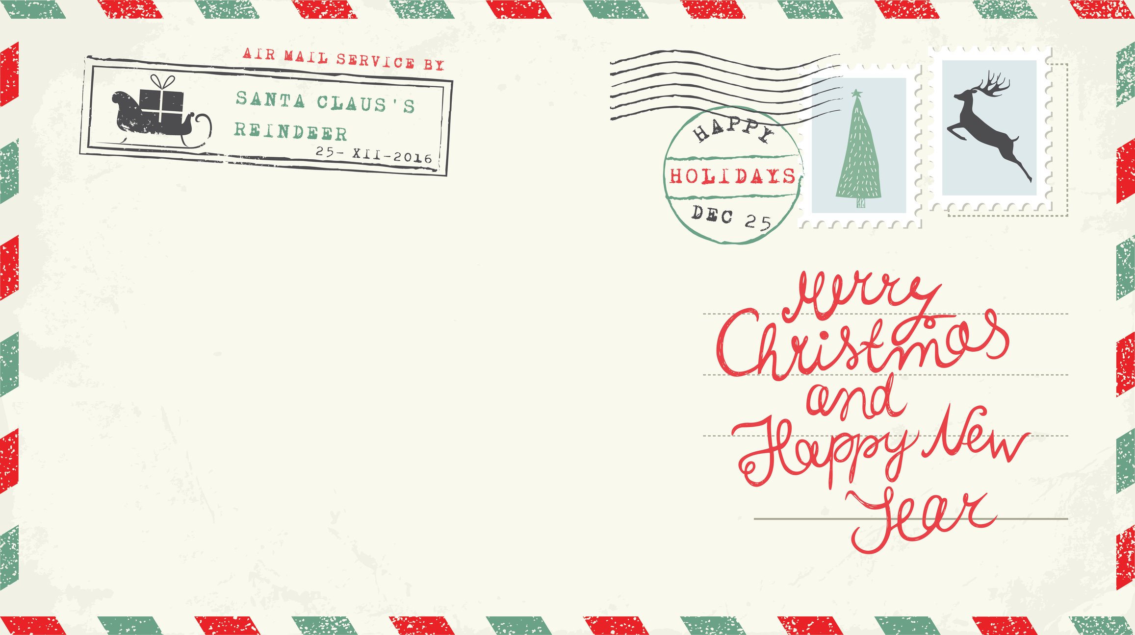 Merry Christmas letter with Christmas stamps on it