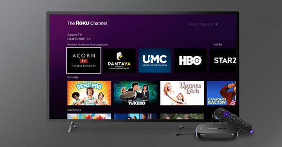 A TV showing The Roku Channel, as well as premium streaming subscriptions available including HBO and Starz.