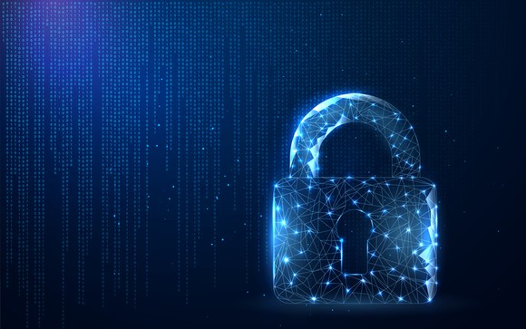 An outline of a padlock on digital background comprised of many small 0s and 1s.