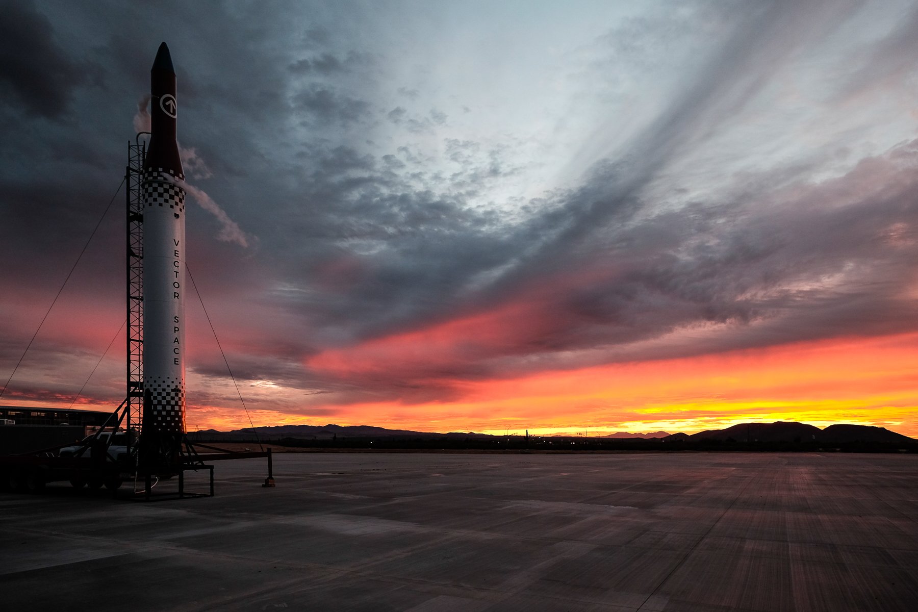 Prototype Vector-R rocket against a sunset backdrop