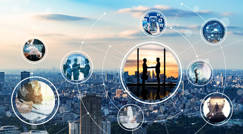 Various images of people using technology to communicate and collaborate with a city in background.