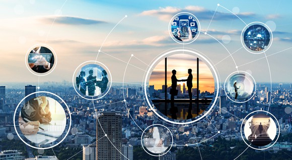 Various images of people using technology to communicate and collaborate with a city in background.