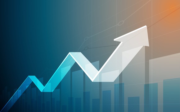 Upward arrow on colorful graph.