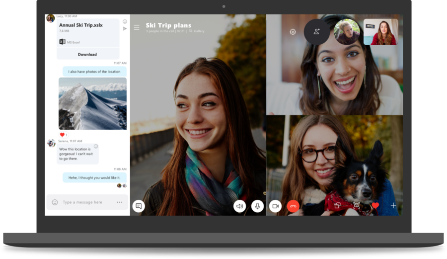 A laptop showing Skype orchestrating a three-person video call