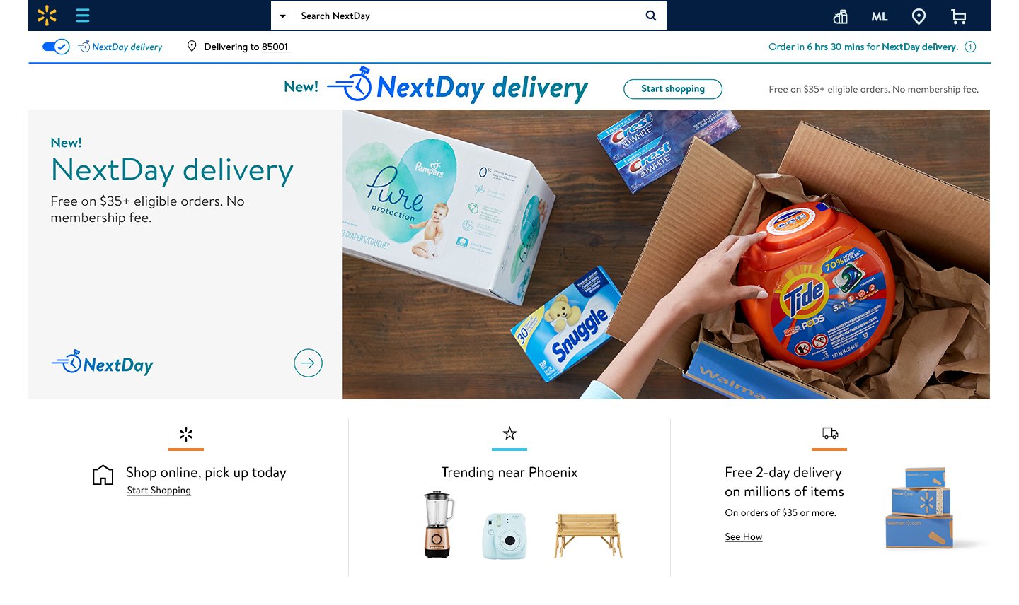 The Walmart.com homepage highlighting its NextDay delivery program.