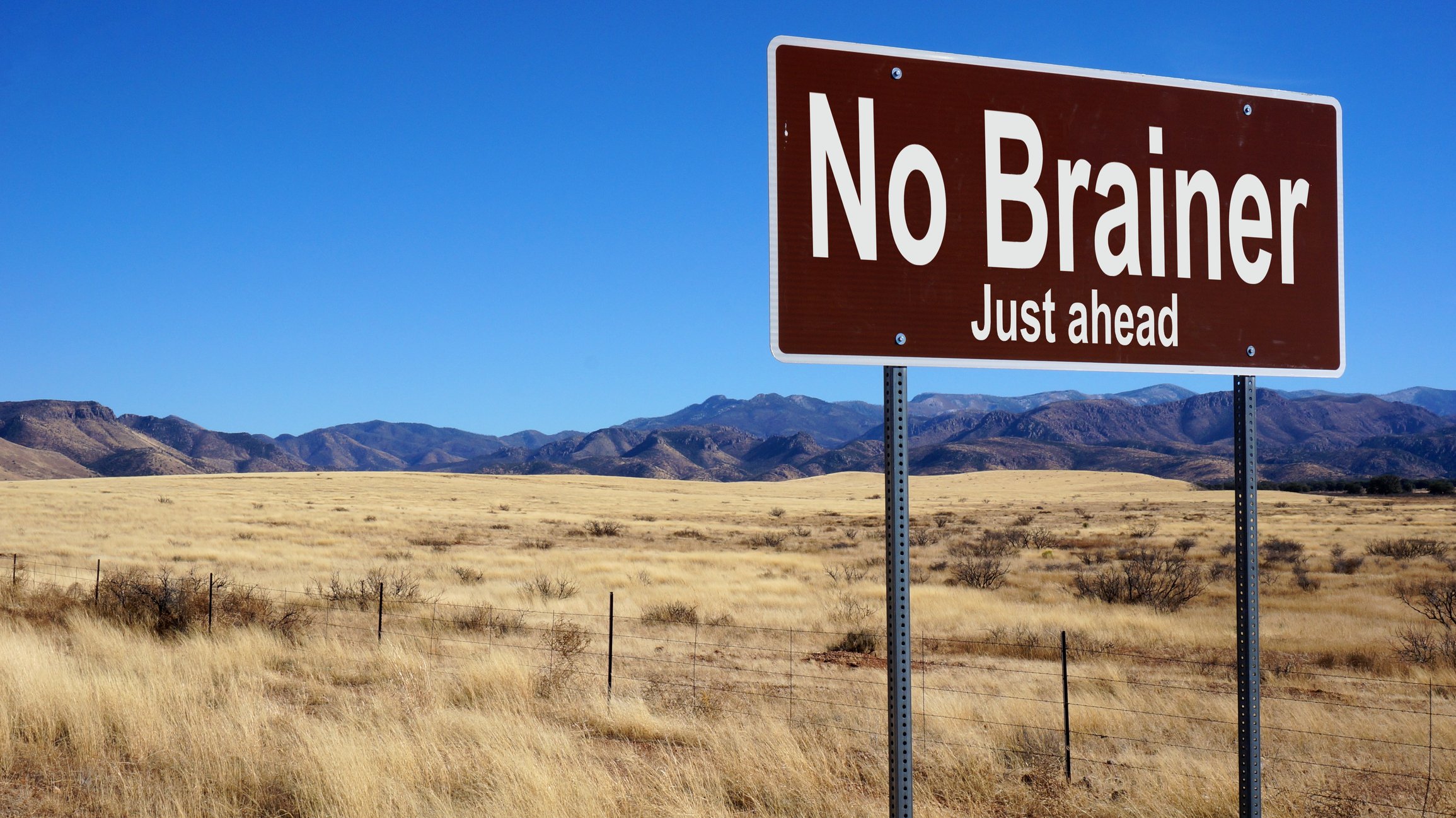 A brown highway sign that says the words no brainer just ahead.
