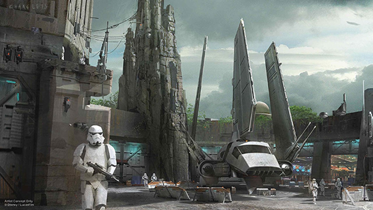 Early concept art for Galaxy's Edge showing a stormtrooper in Batuu.