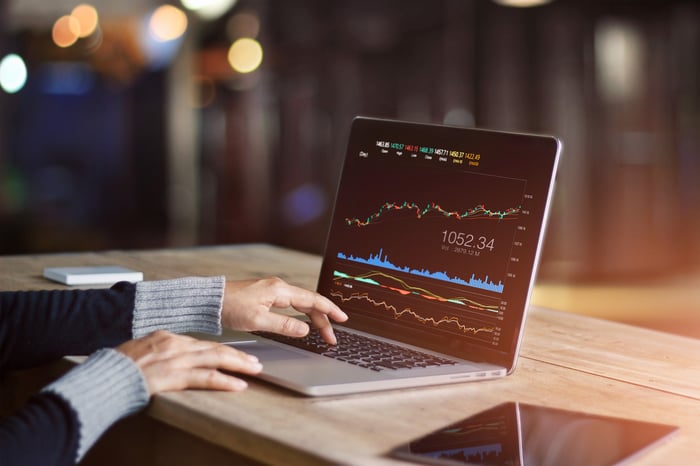 Person using laptop to analyze stock market data.