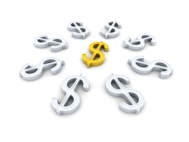Gold dollar sign at ceter of white dollar signs