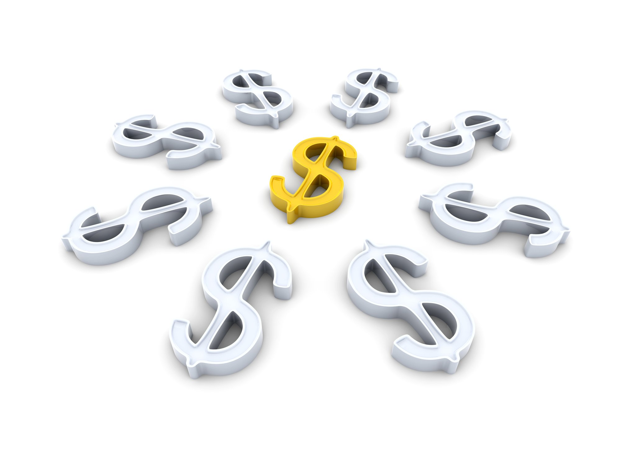 Gold dollar sign at ceter of white dollar signs