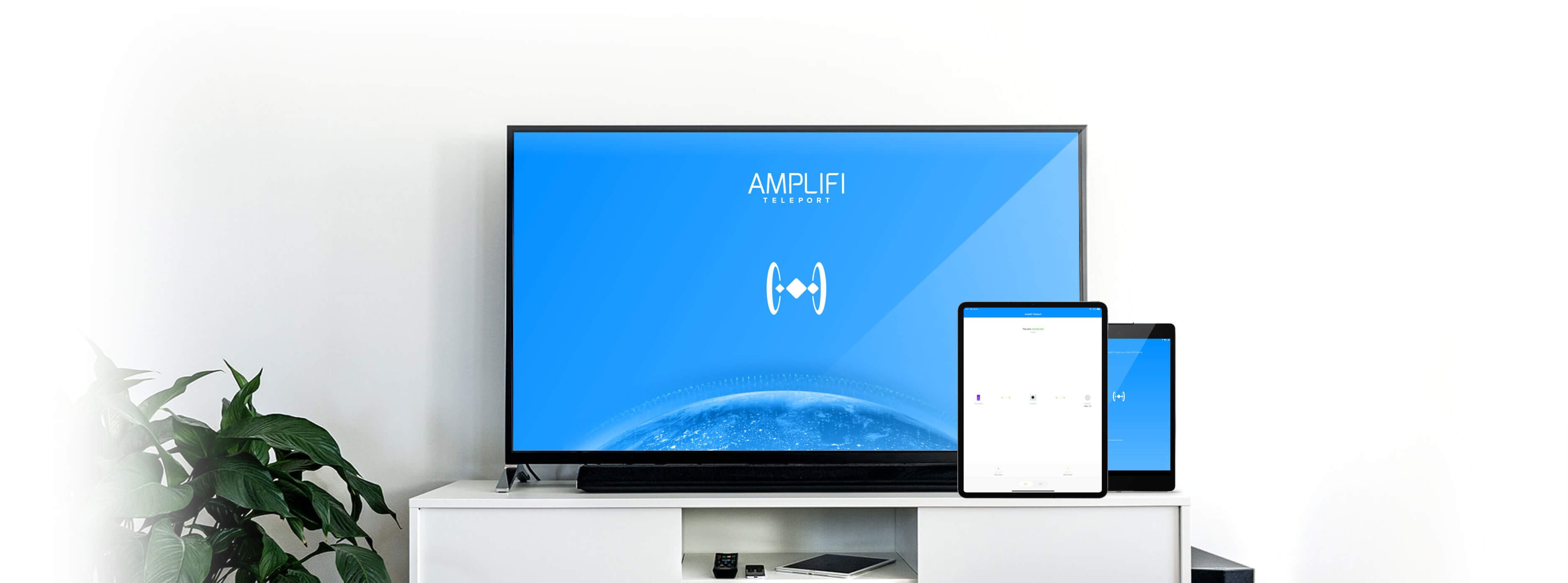 A television with the Amplifi logo against a blue background and two smaller tablets with the Amplifi app open. 