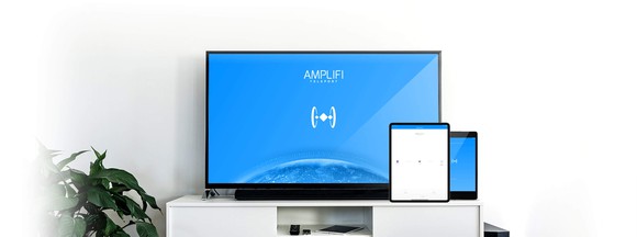 A television with the Amplifi logo against a blue background and two smaller tablets with the Amplifi app open. 