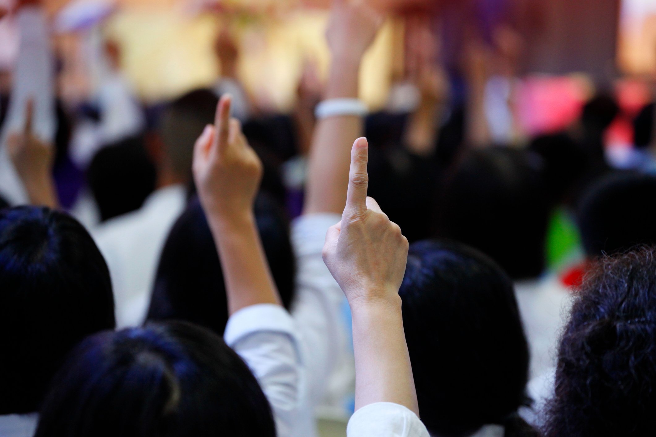 Bidders raise their hands at an auction.