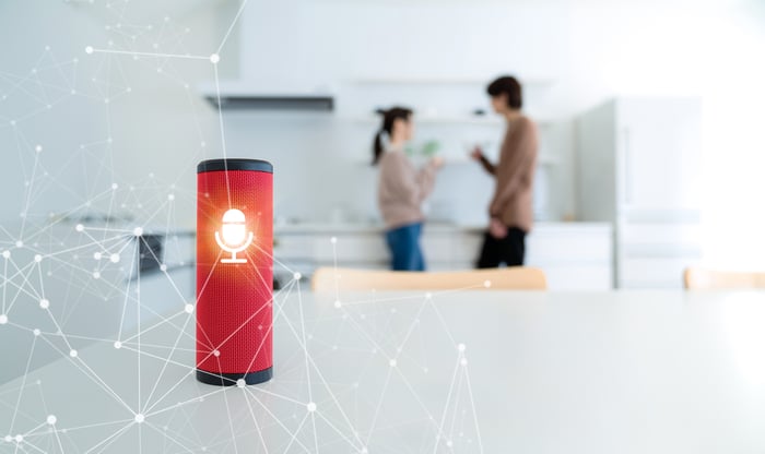 A smart speaker on a table with two people in the background.