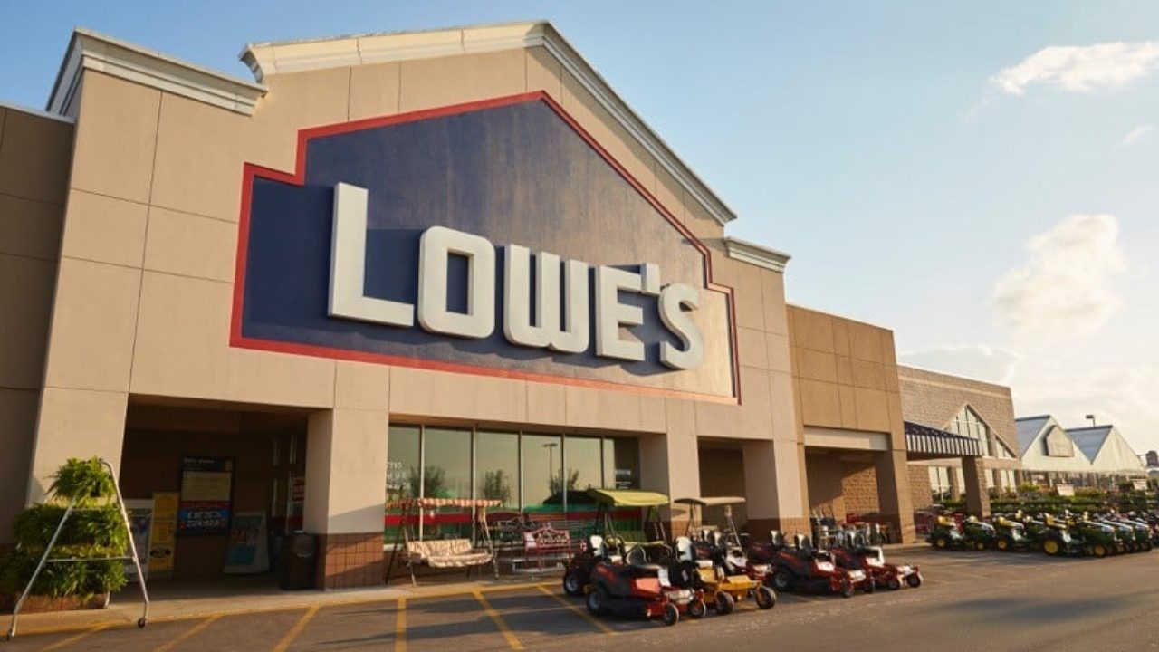 Lowe's store as seen from front, with various equipment for sale.