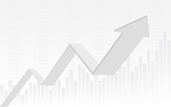 A white charting arrow, pointing sharply upwards.