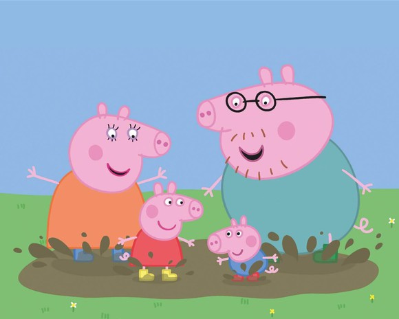 Peppa Pig characters play in mud.