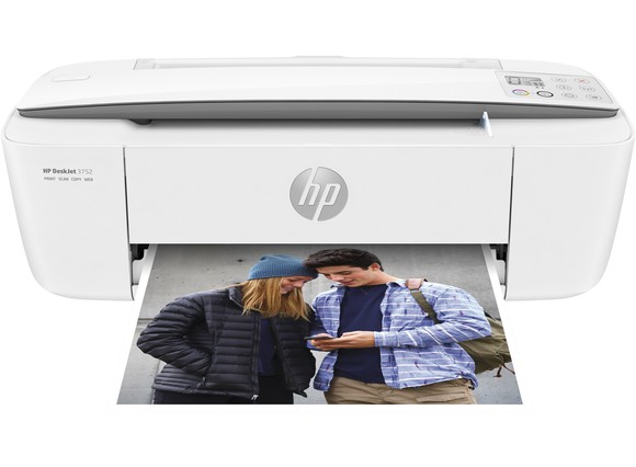 White HP printer with a photo of two people getting printed.