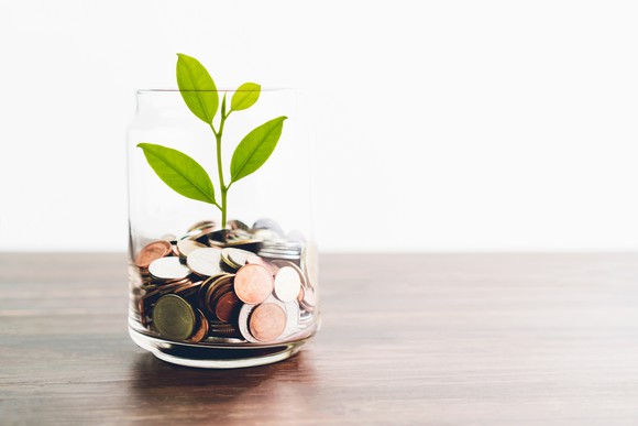 A glass jar full of coins with a green plant growing out of it