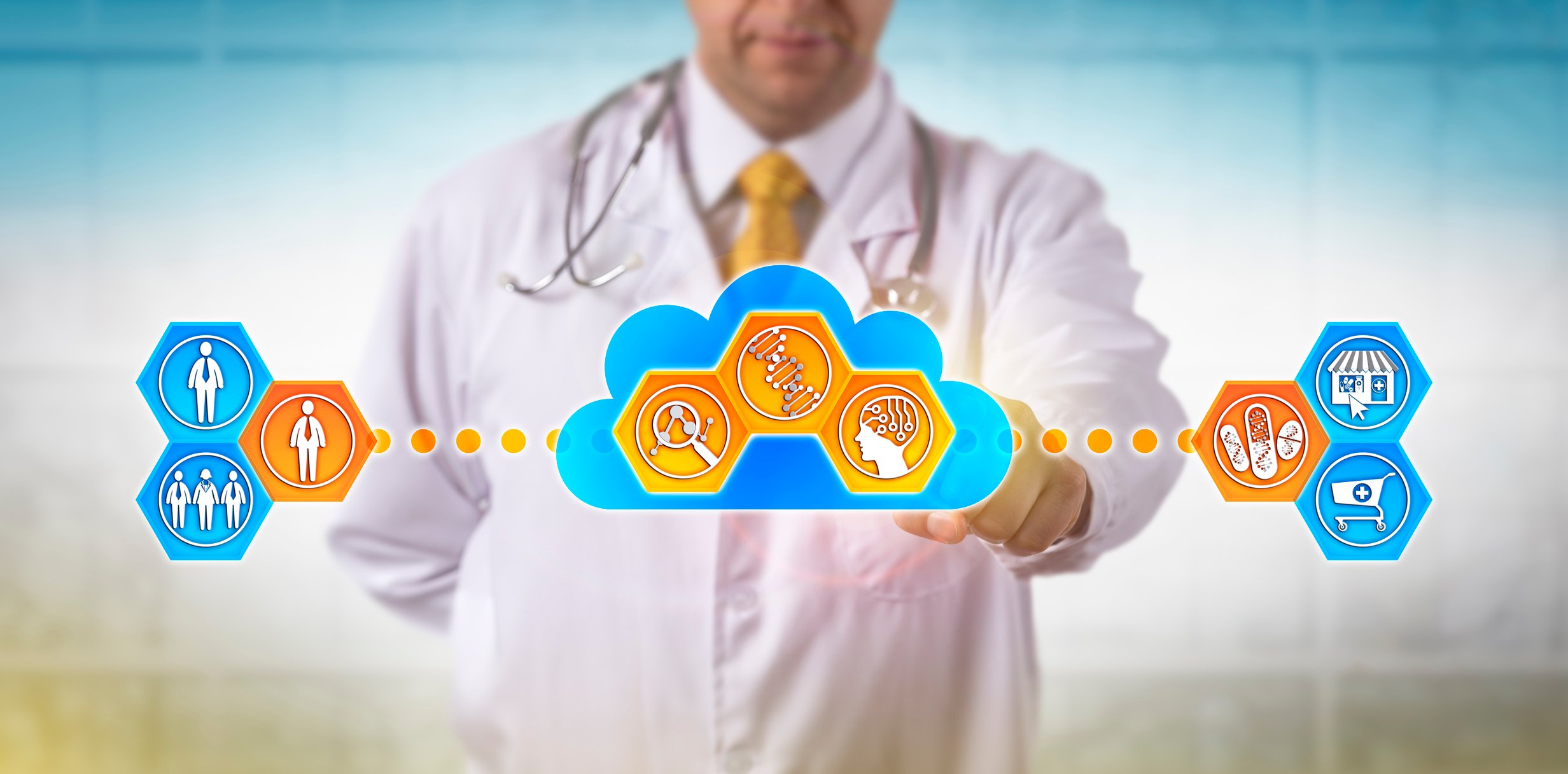 A doctor with his finger on a graphic of cloud-based healthcare services.
