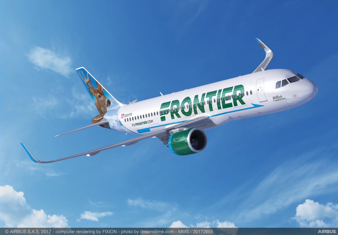 A rendering of a Frontier Airlines plane in flight