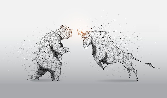 An illustration of a bear battling a bull.