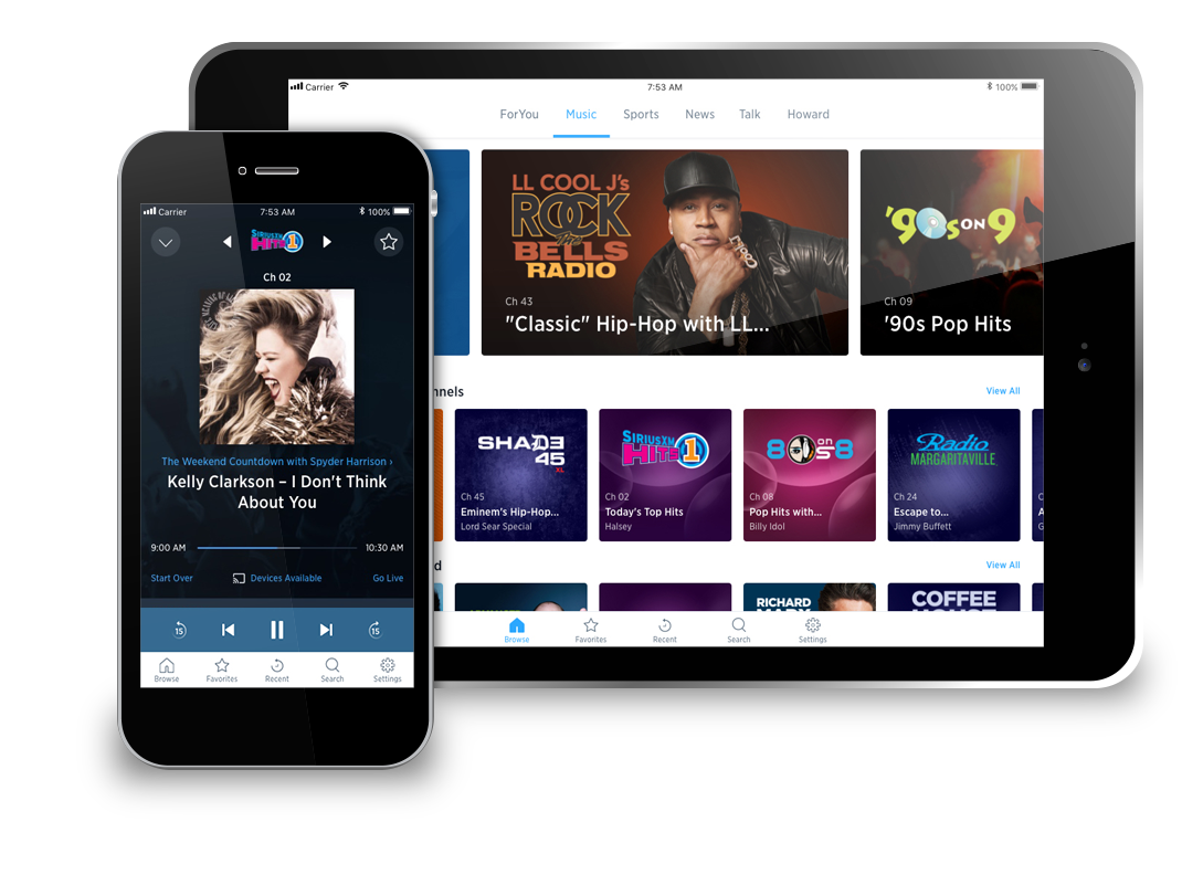 Sirius app running on a smartphone and tablet.