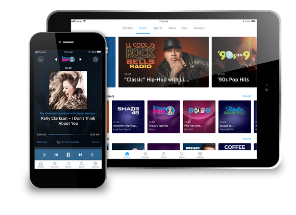 Sirius app running on a smartphone and tablet.