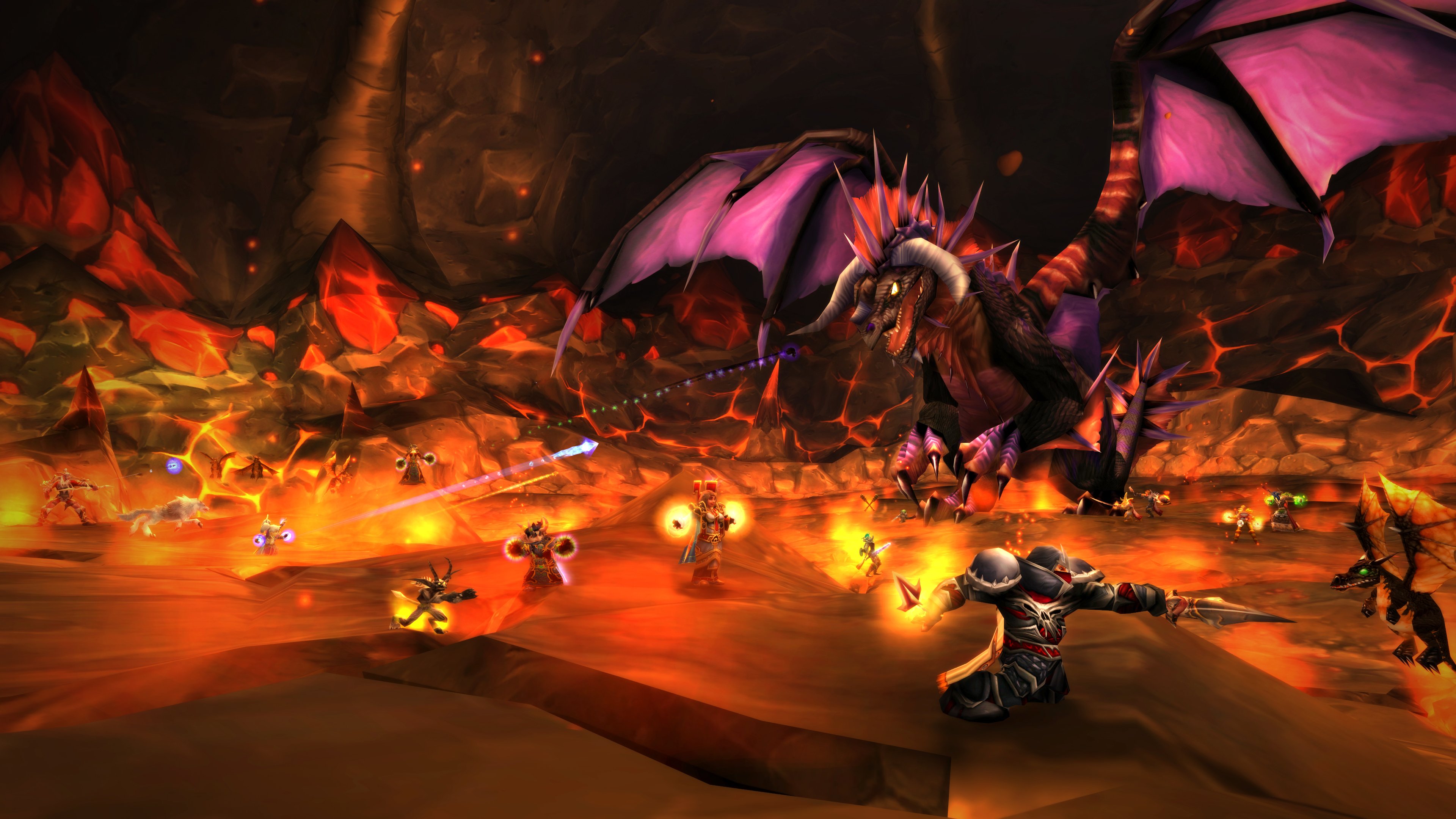 A screenshot from World of Warcraft Classic featuring fantasy characters battling a dragon.