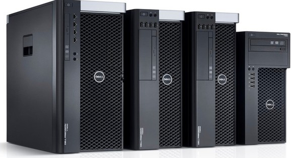 A row of dell desktop computers