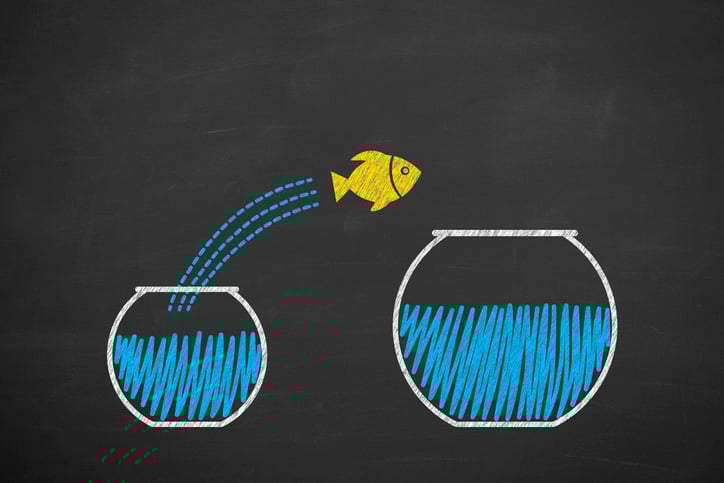 A chalkboard drawing of a fish jumping from one fishbowl to another.