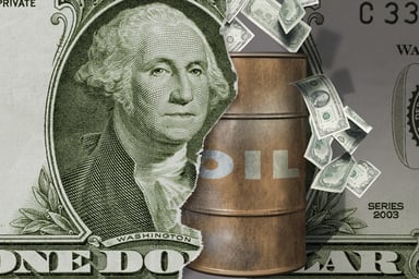 A barrel of oil coming through money.