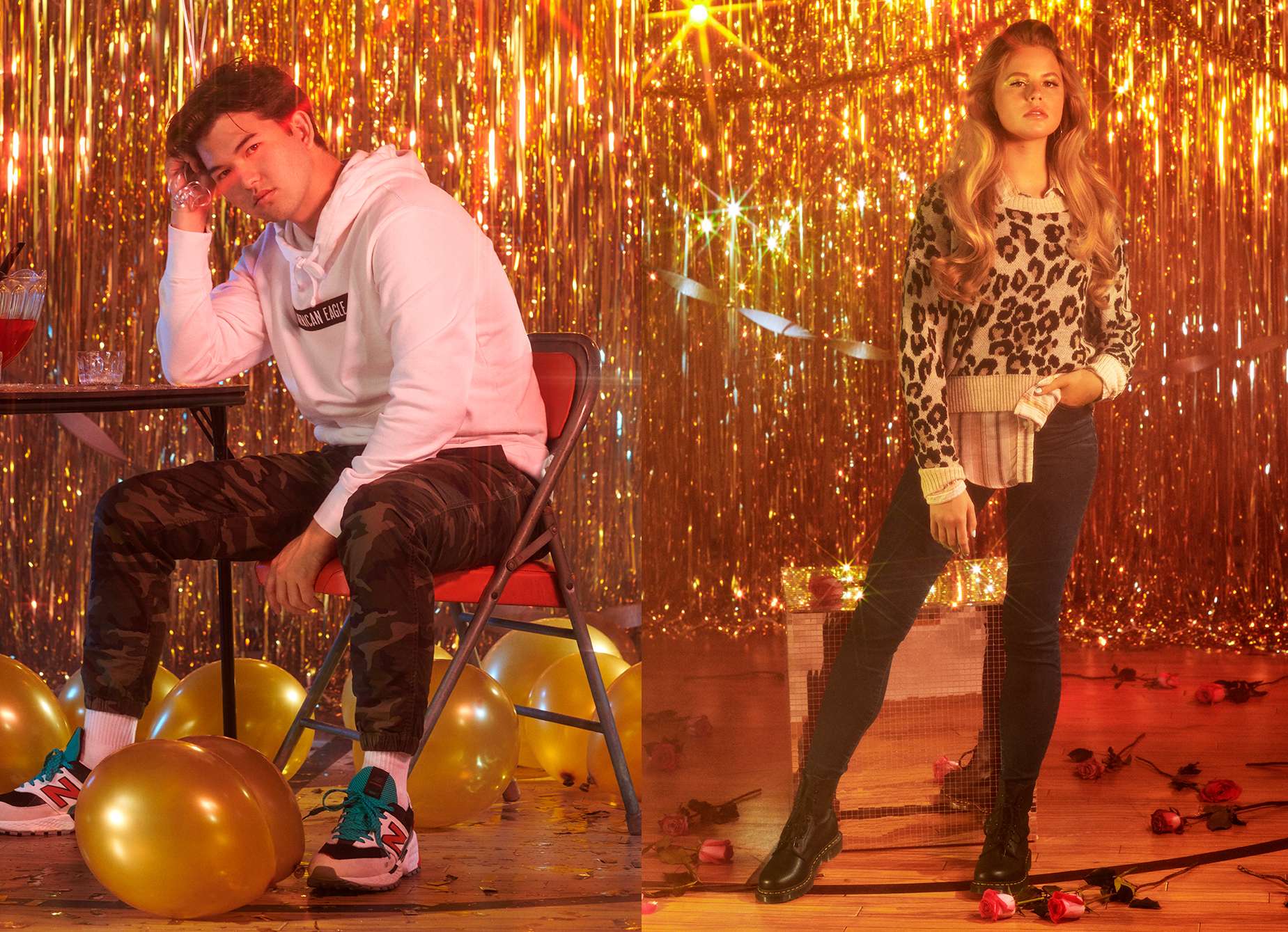 An American Eagle ad: A man and woman modeling clothes against a sparkly backdrop.