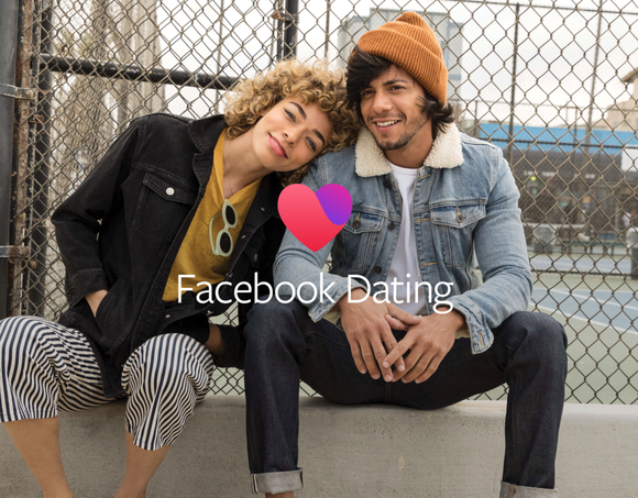 A young man sitting on a curb and a young woman resting her head on his shoulder with the caption Facebook Dating.