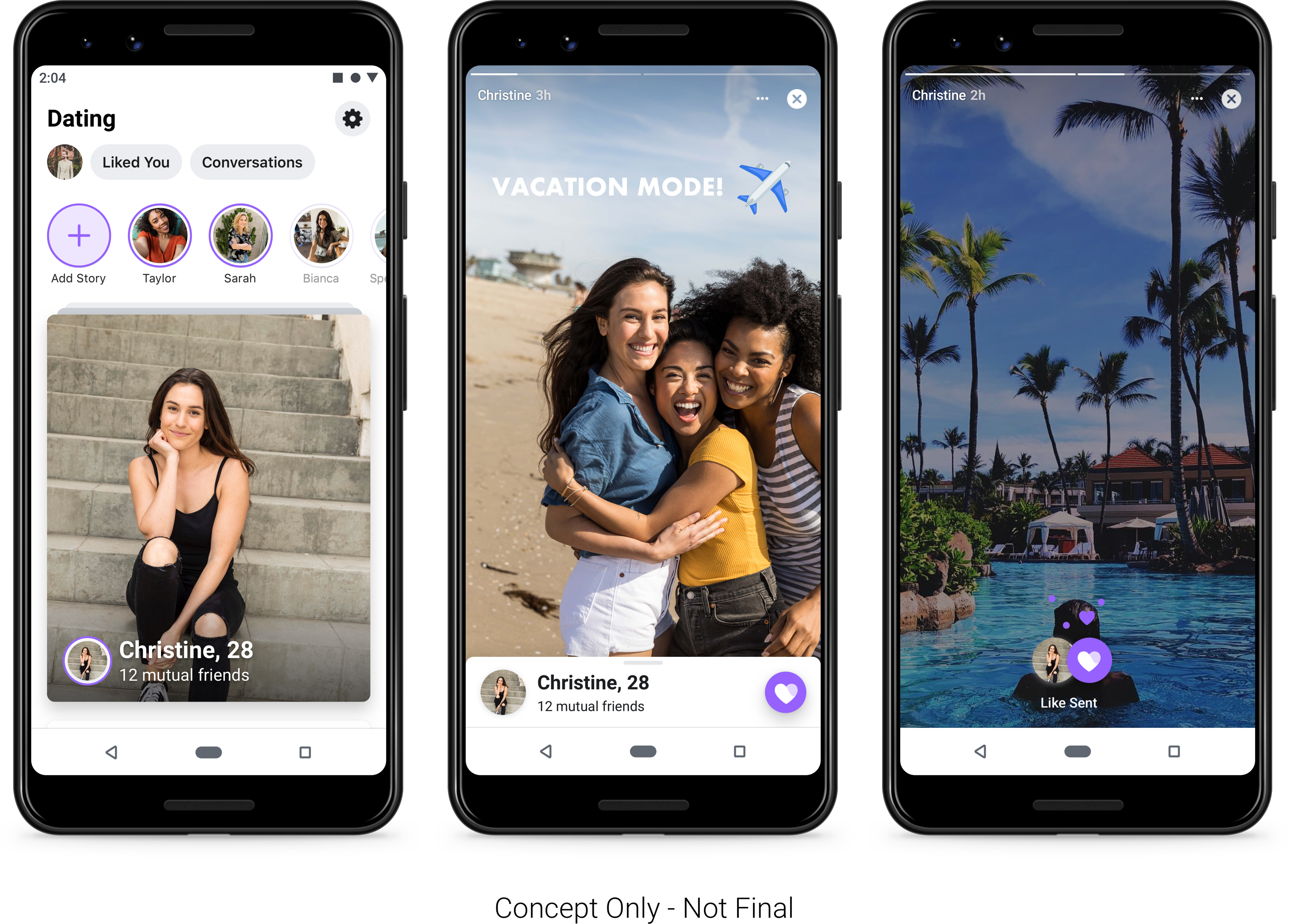 Concept of Instagram Stories in Facebook Dating screenshots.