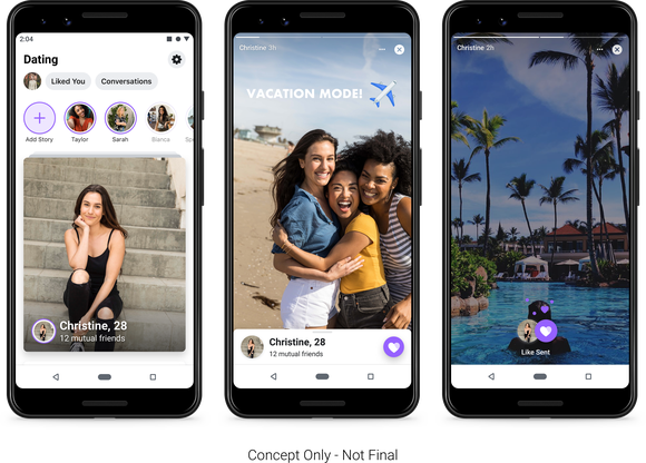 Concept of Instagram Stories in Facebook Dating screenshots.
