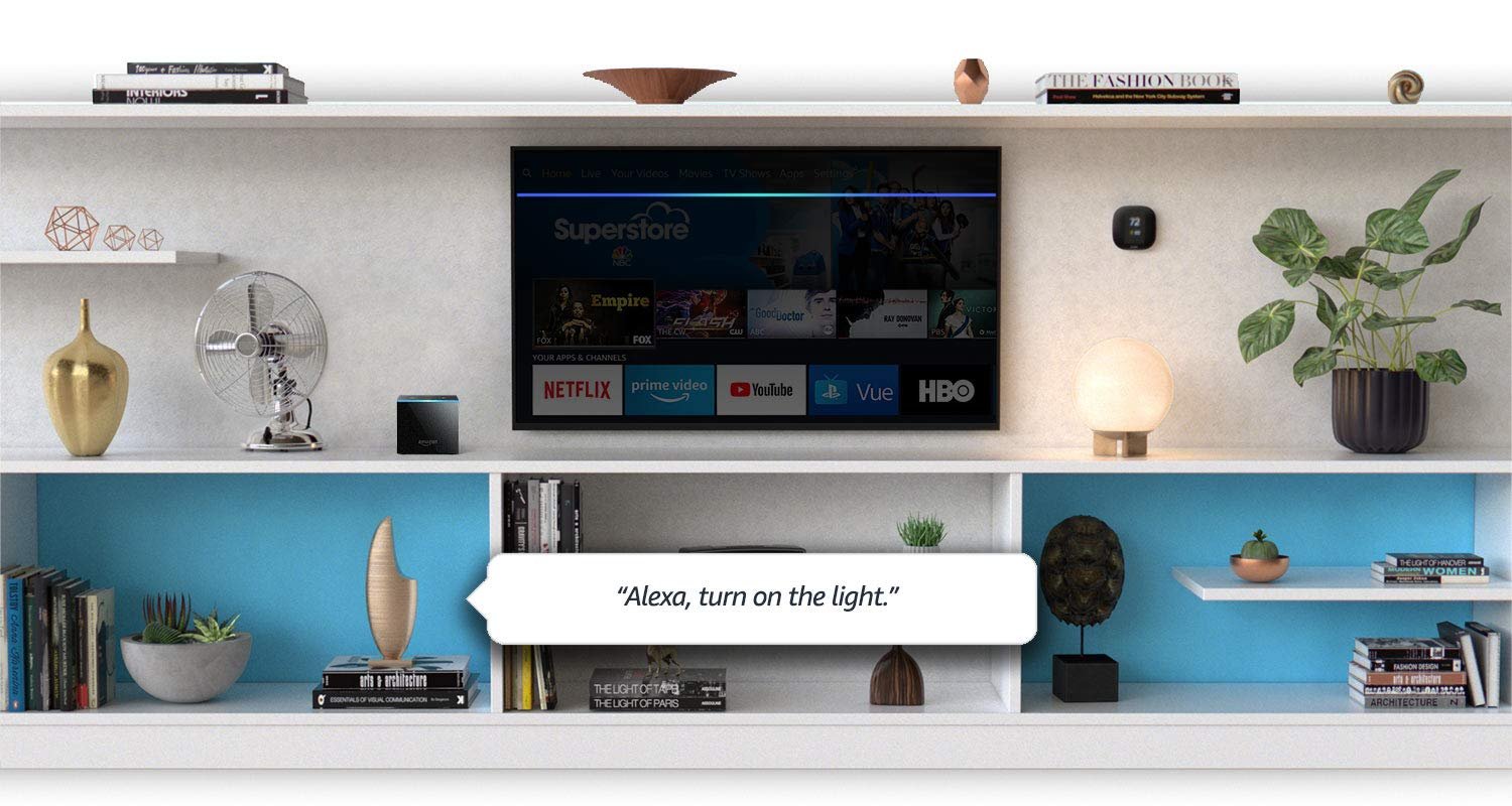 The Amazon Fire TV cube in a living room.