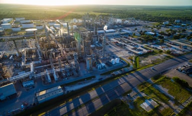 Oil Refinery at Sunset with long shadows.